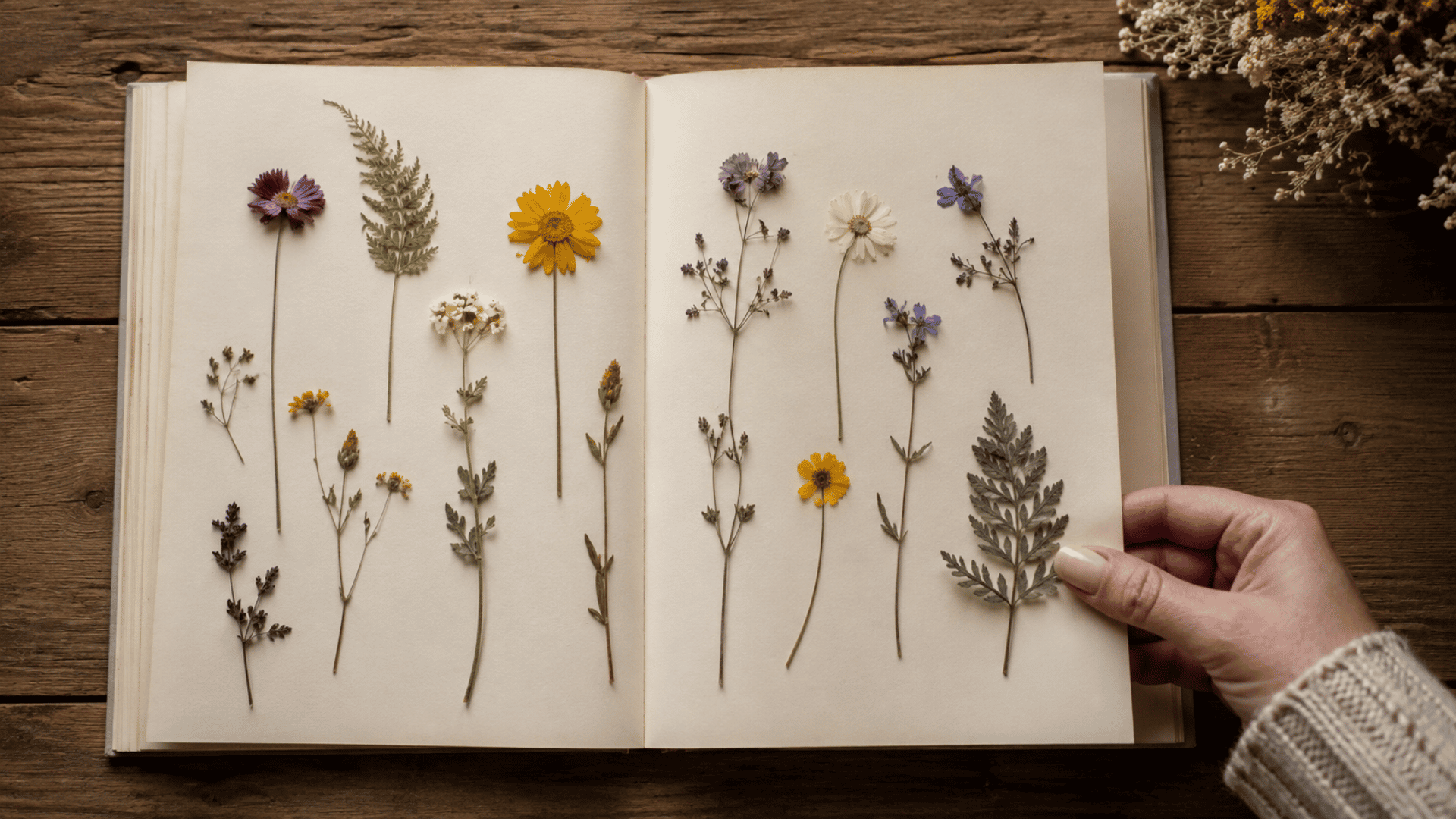 pressed flowers on an open book for flower preservation