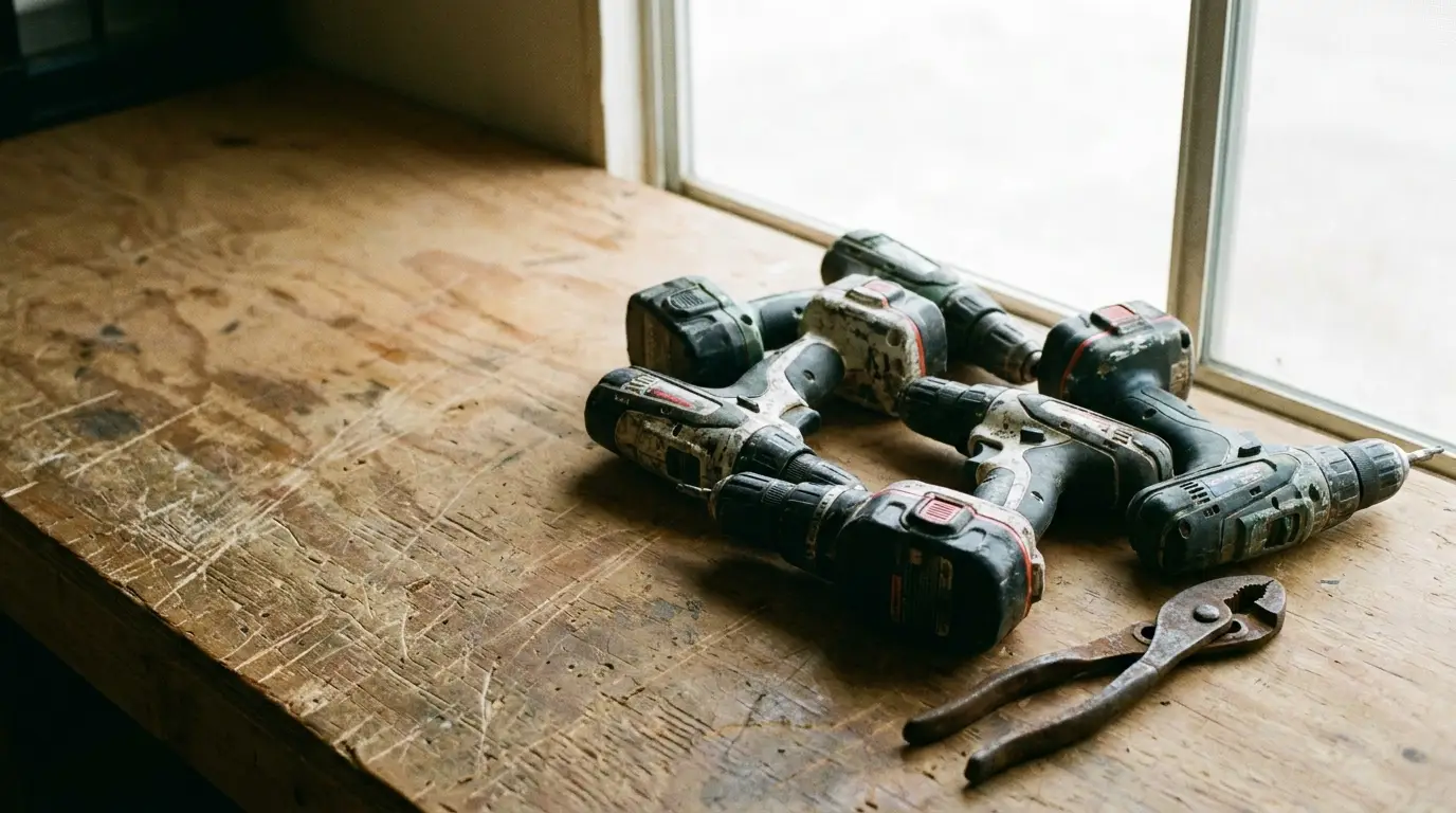 Cordless drills and rusty pliers on a wooden workshop table near a window