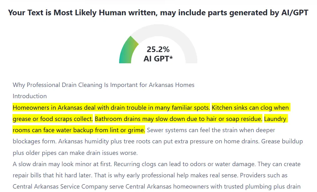 AI text originality score with highlighted passages in a document analysis tool interface