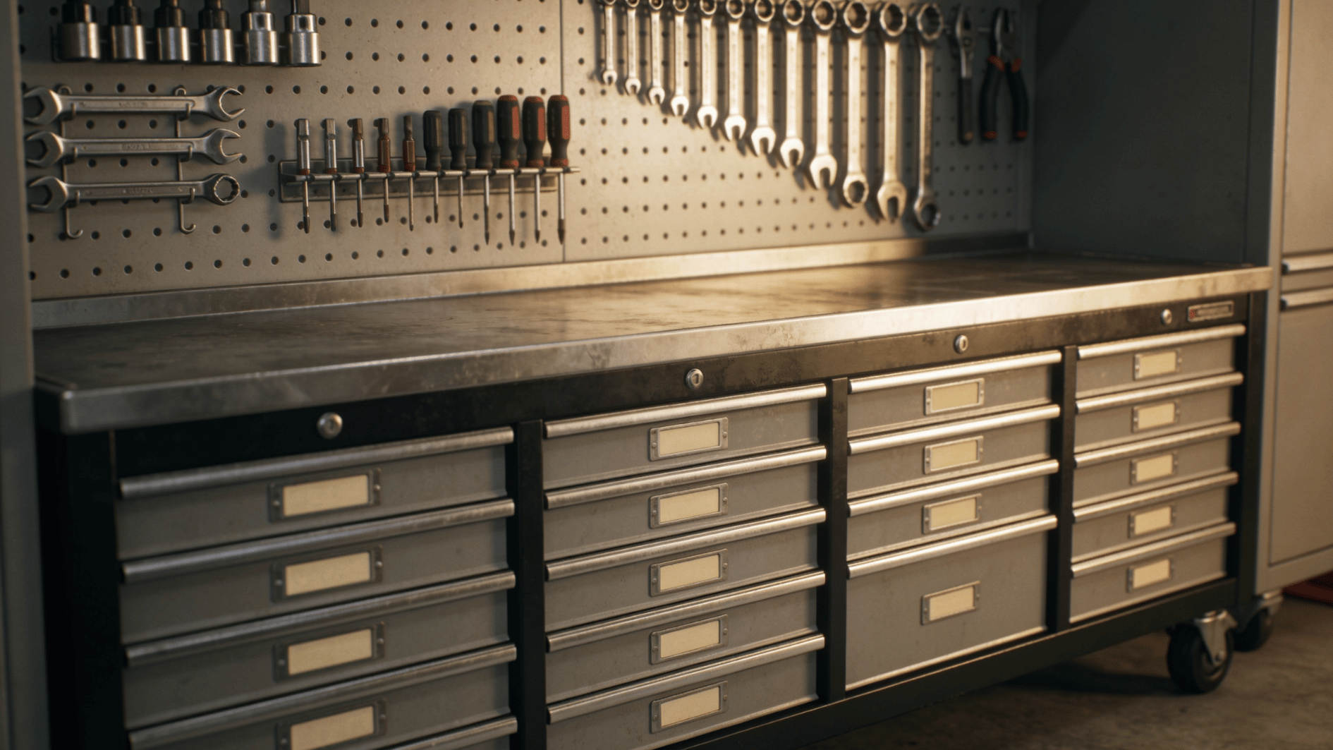 professional tool cabinet with labeled drawers pegboard mounted wrenches screwdrivers and organized workspace