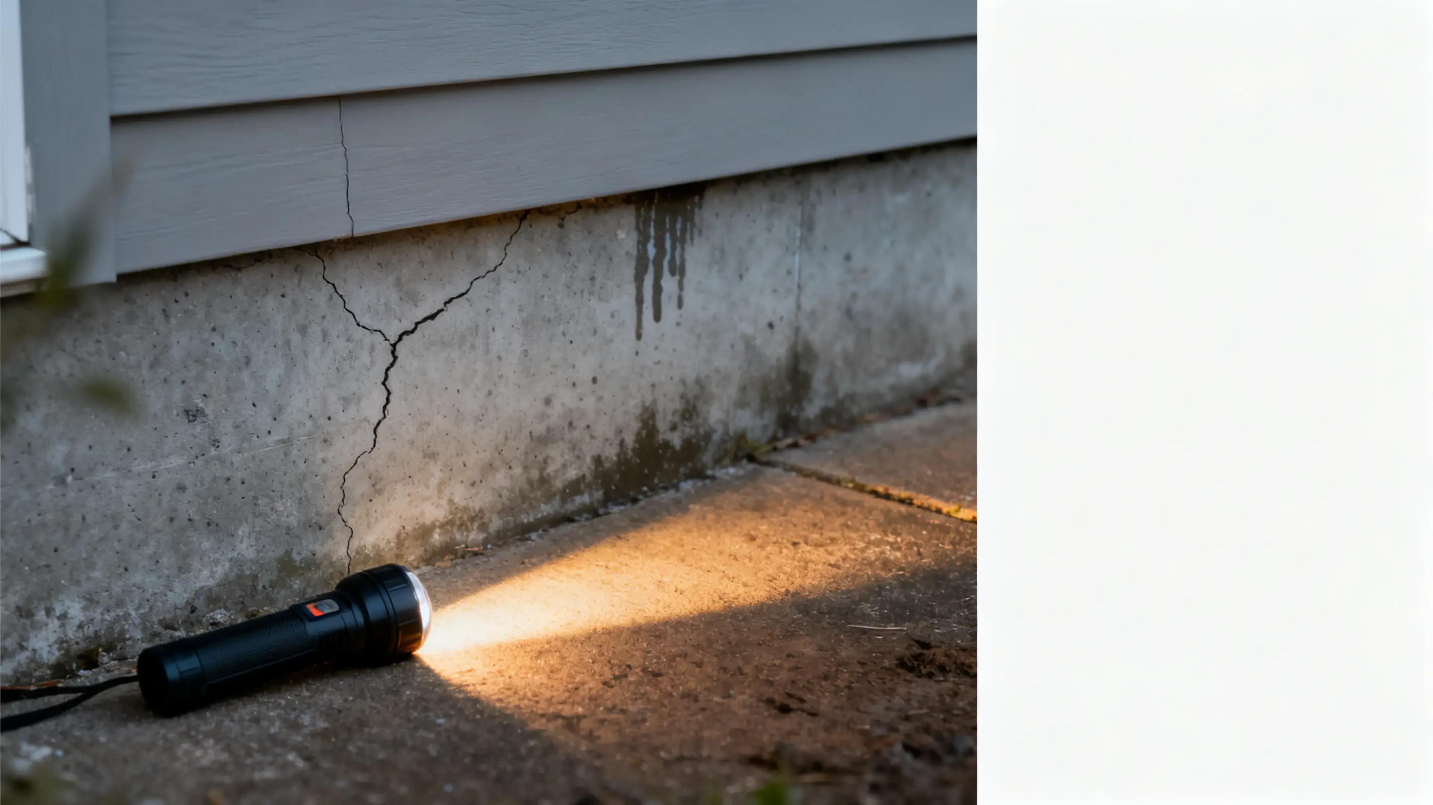 Flashlight illuminating crack on concrete foundation outside house in evening light