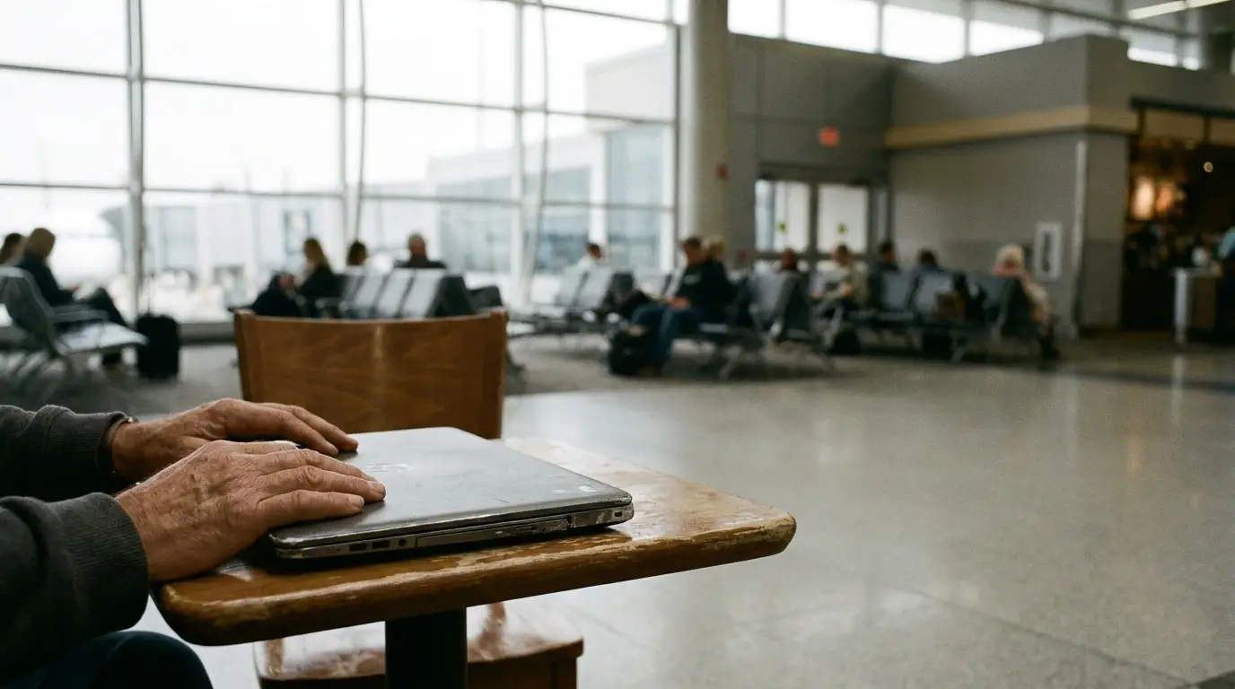 Hands resting on closed laptop on wooden table in busy airport terminal