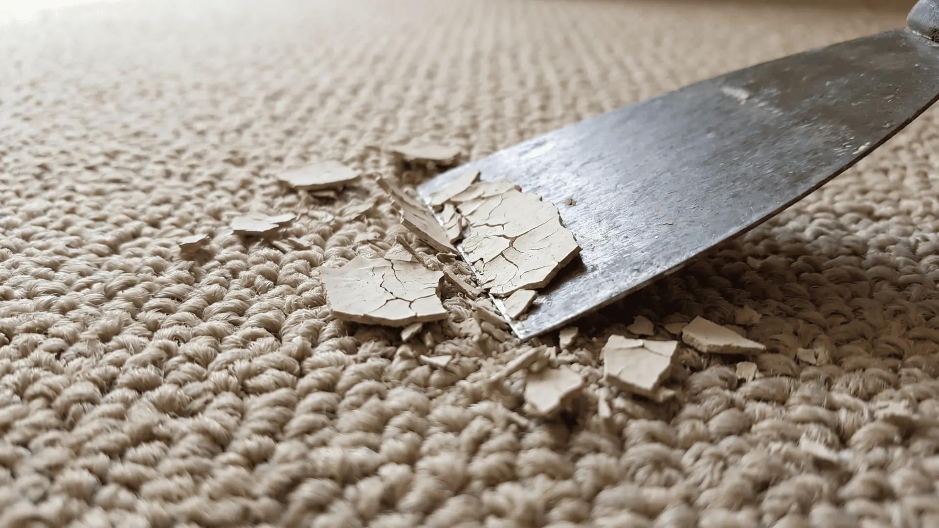 Putty knife scraping dried paint flakes from carpet fibers