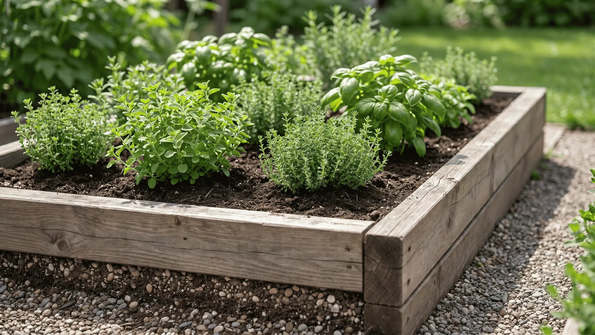 Raised garden bed with herbs like basil, oregano, and thyme growing in well-drained soil.