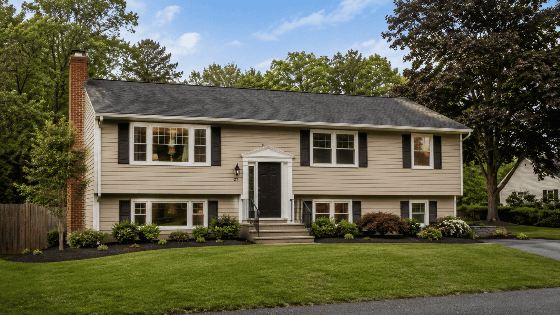 raised ranch house with landscaped yard