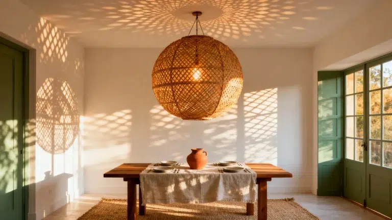 Woven rattan pendant light casting patterns in dining room with a wooden table and ceramic vase