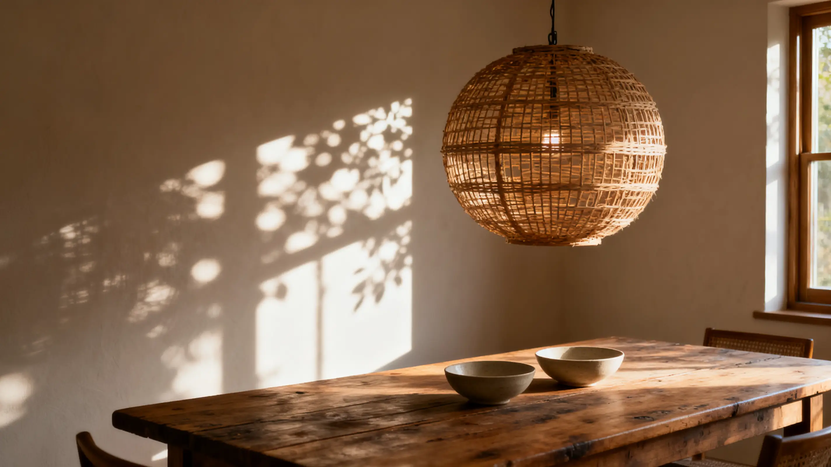 Wicker pendant light over wooden table with ceramic bowls in sunlit room