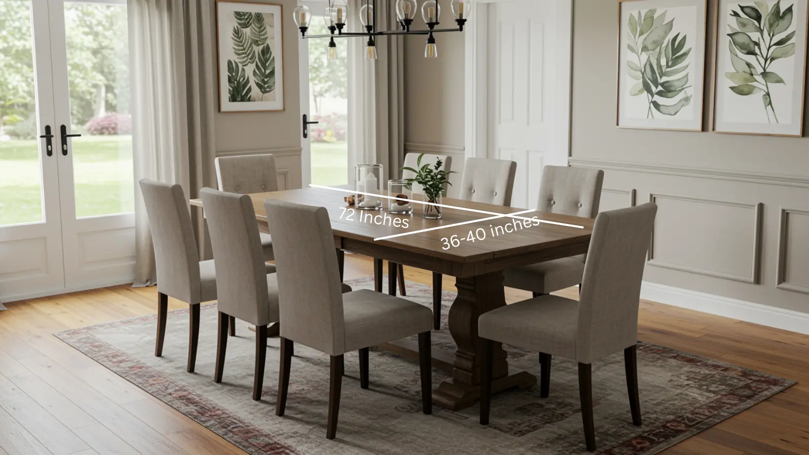 Rectangular 6-seater dining table in a narrow room with chairs and space around it (1)
