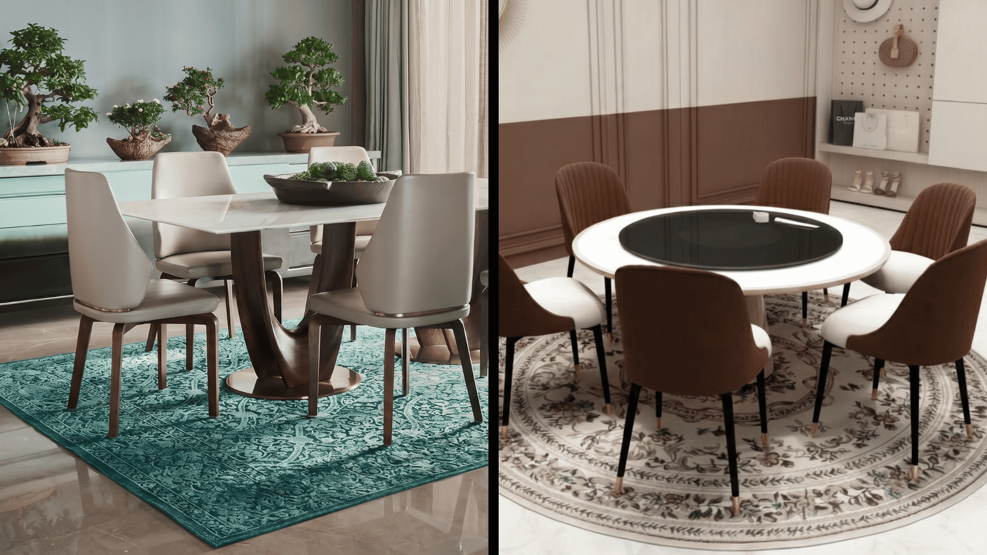 Rectangular and round 6-seater dining tables with matching rugs in modern dining room layouts.
