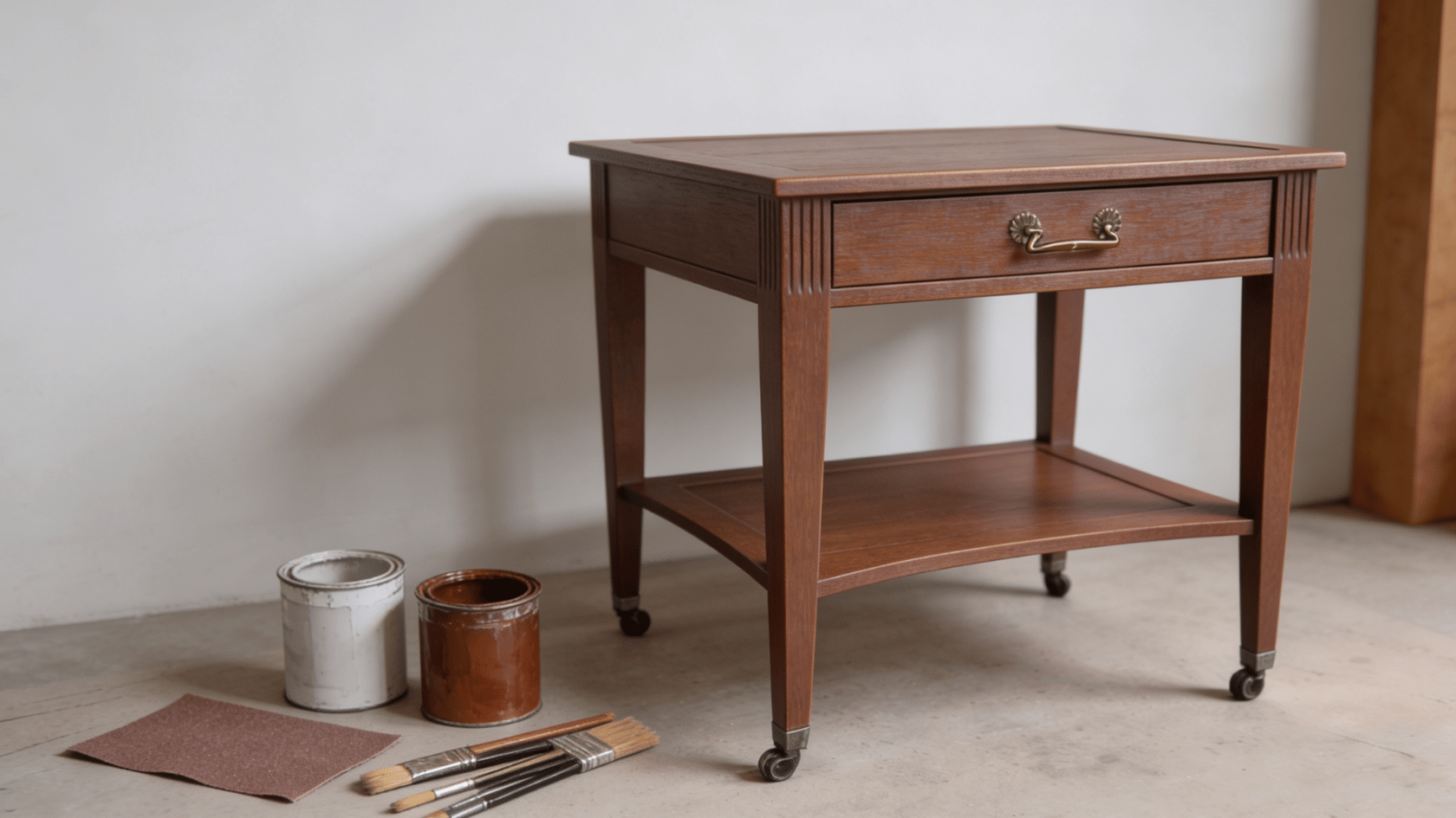 Refinished wooden side table with fresh paint beside sanding and painting supplies
