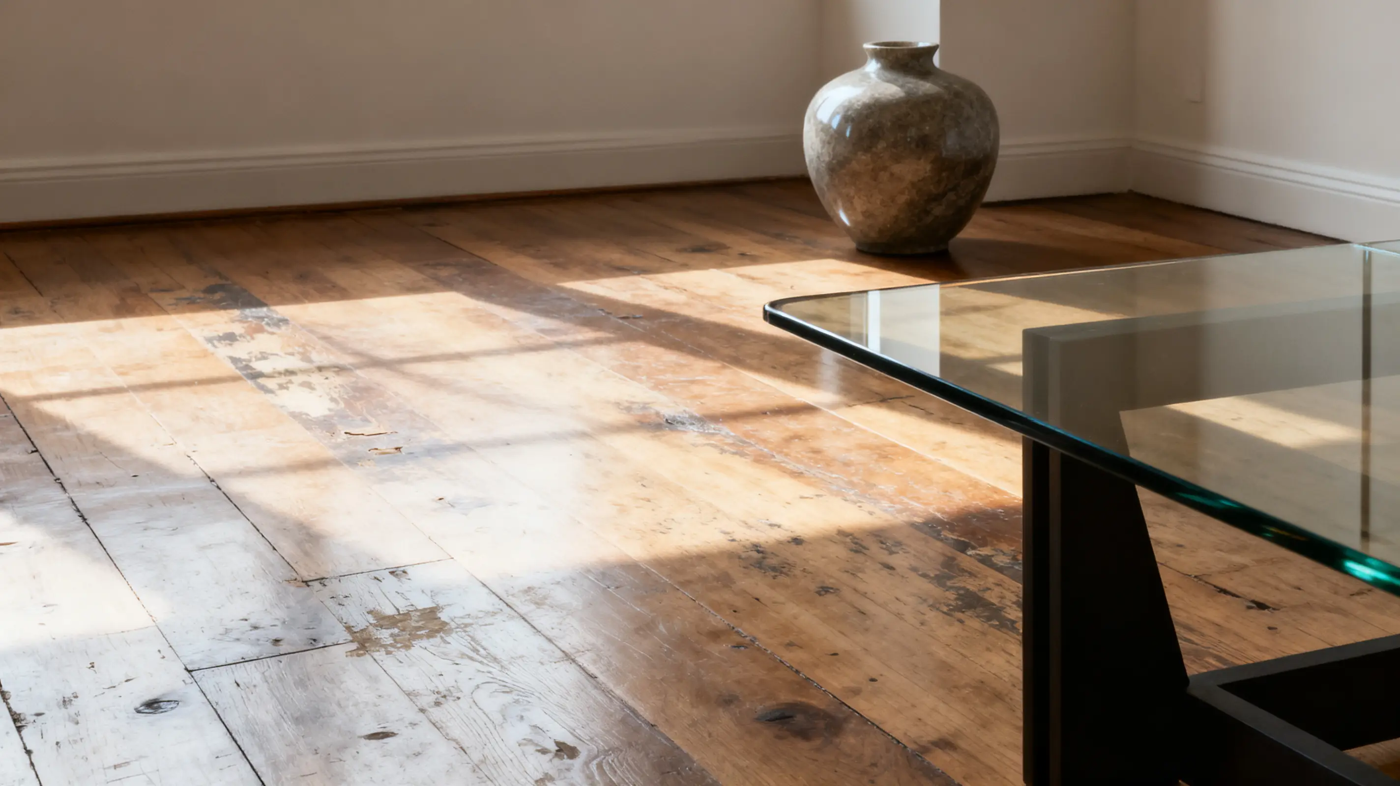 Shiny wooden floor and patterned vase beside modern glass table in well-lit room
