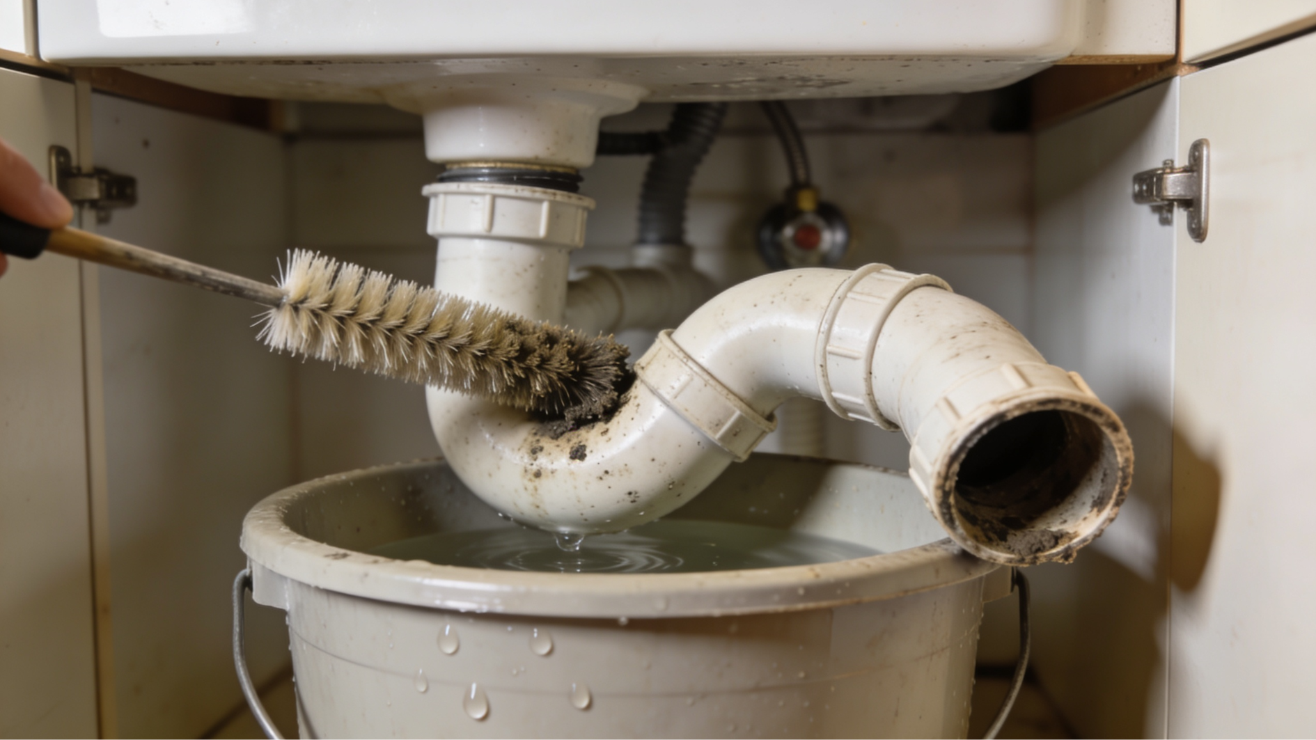 removed p trap pipe is cleaned over a bucket beneath a kitchen sink cabinet