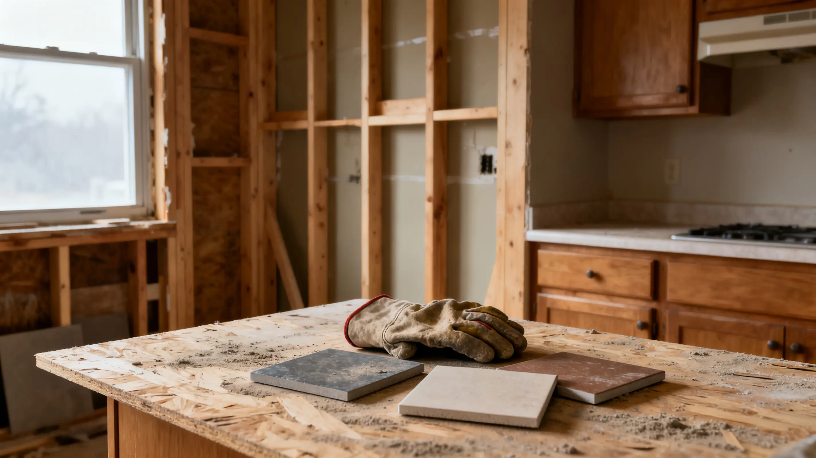 Work glove and tile samples on dusty plywood countertop in unfinished kitchen renovation setting