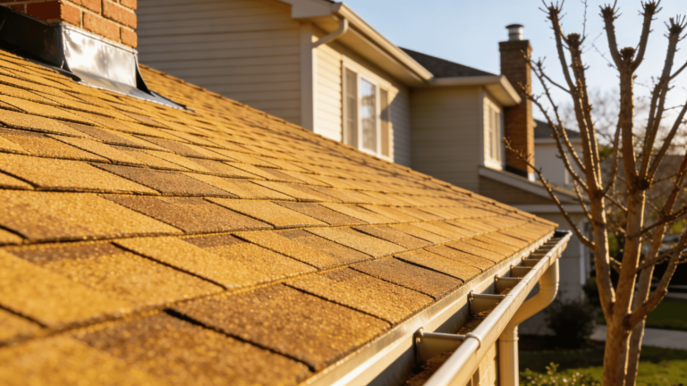 Residential roof with clean shingles, gutters, and chimney flashing on a suburban home