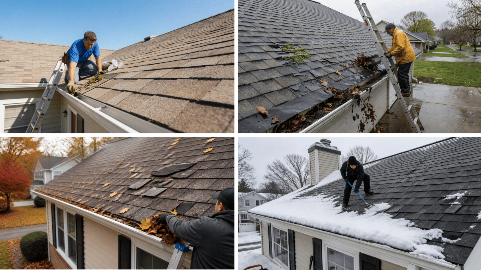 Residential roof shown during different seasons with gutter cleaning, shingle checks, leaves, and snow buildup (1)