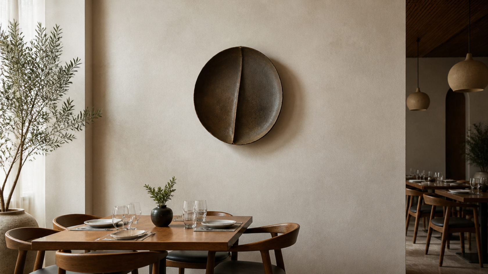 Restaurant interior featuring a single curated art piece or object displayed on a wall or shelf near seating.