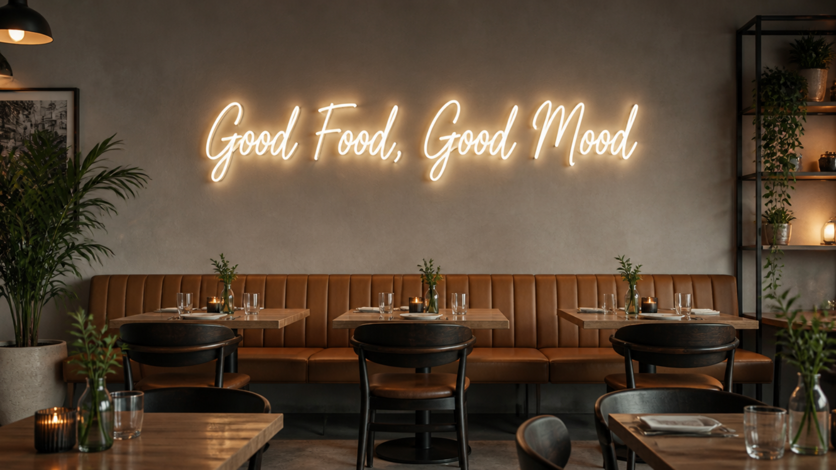 Restaurant interior featuring a single neon sign on the wall above seating as a visual focal point.