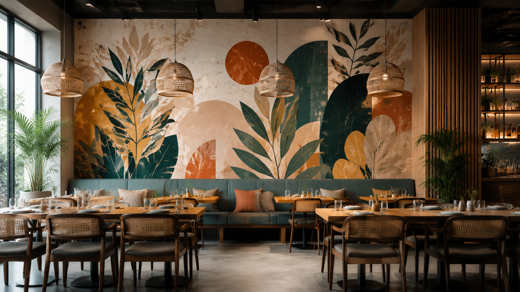 Restaurant interior with a large botanical mural above banquette seating, tables and chairs arranged in front.