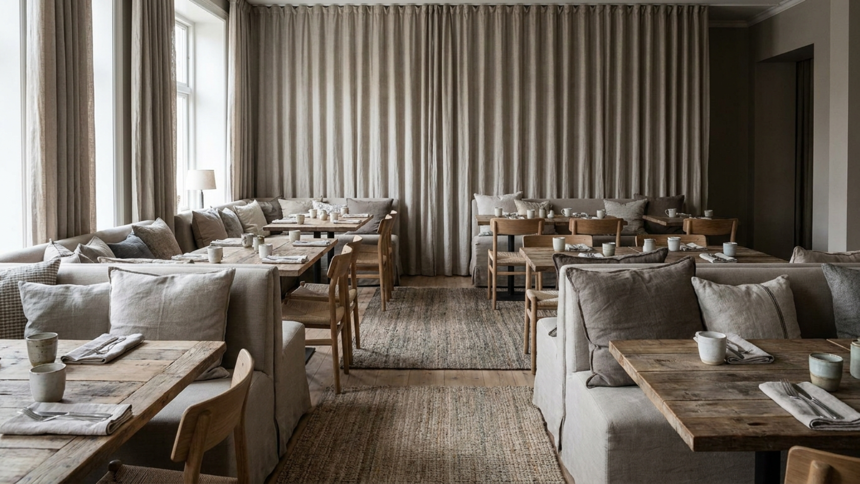 Restaurant interior with beige curtains, neutral-toned cushions and banquette seating, wooden tables, and chairs arranged on woven rugs.