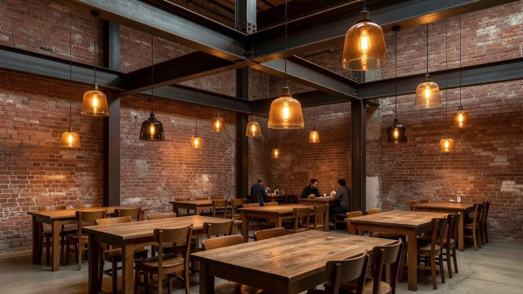 Restaurant interior with exposed brick walls, steel beams, and warm amber pendant lights over wooden dining tables.