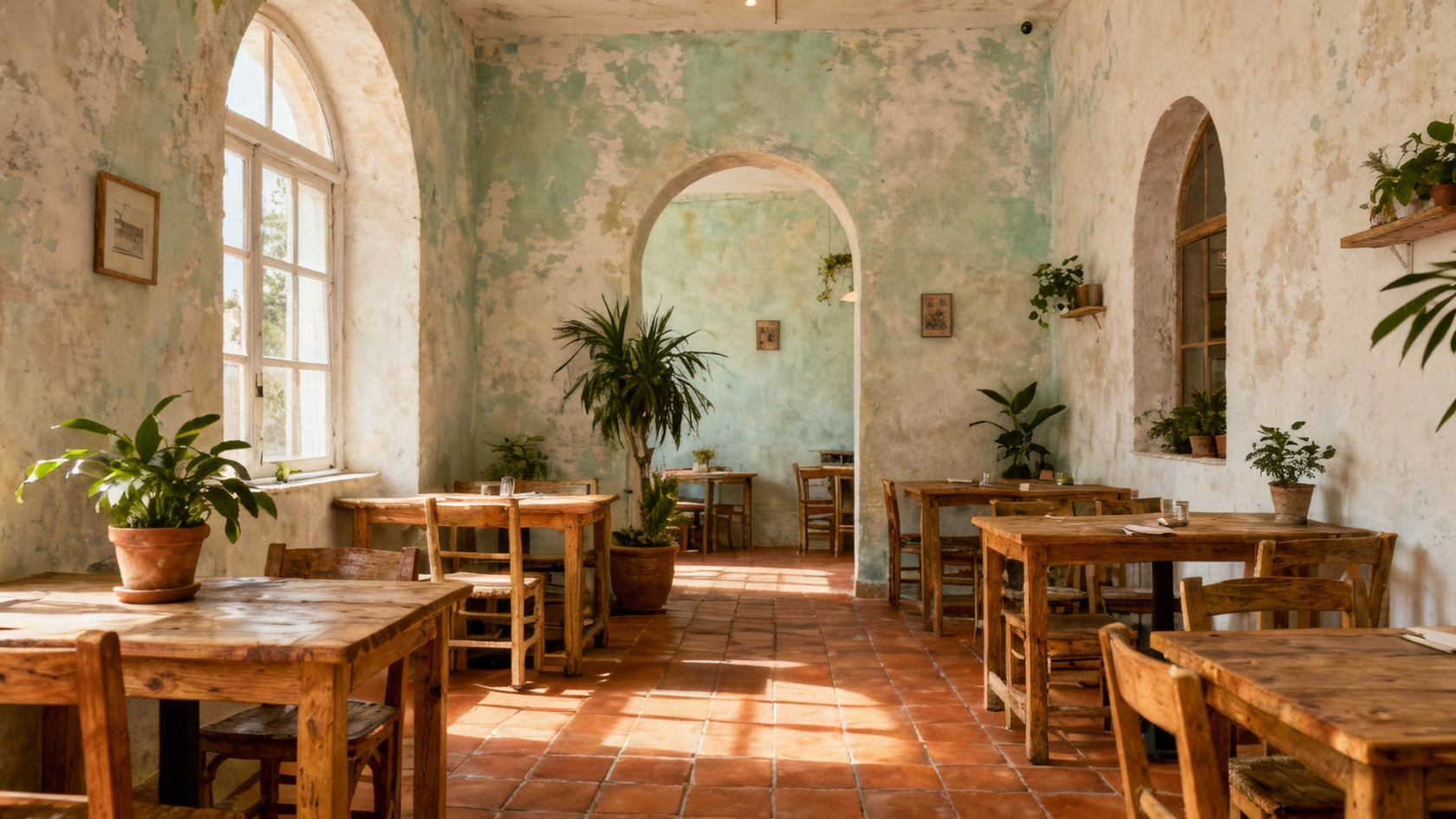 Restaurant interior with limewashed walls, terracotta tile floor, arched doorways, and simple wooden furniture in muted tones.