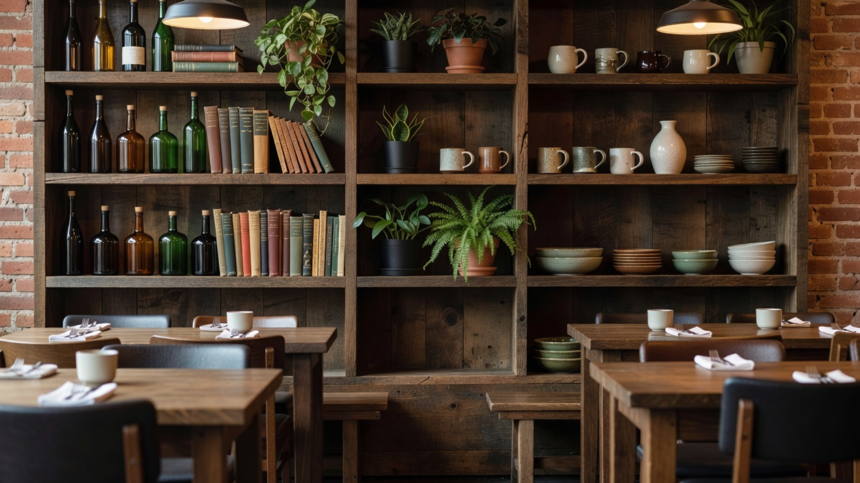 Restaurant interior with open shelving along walls displaying bottles, books, plants, and ceramics for style and storage.