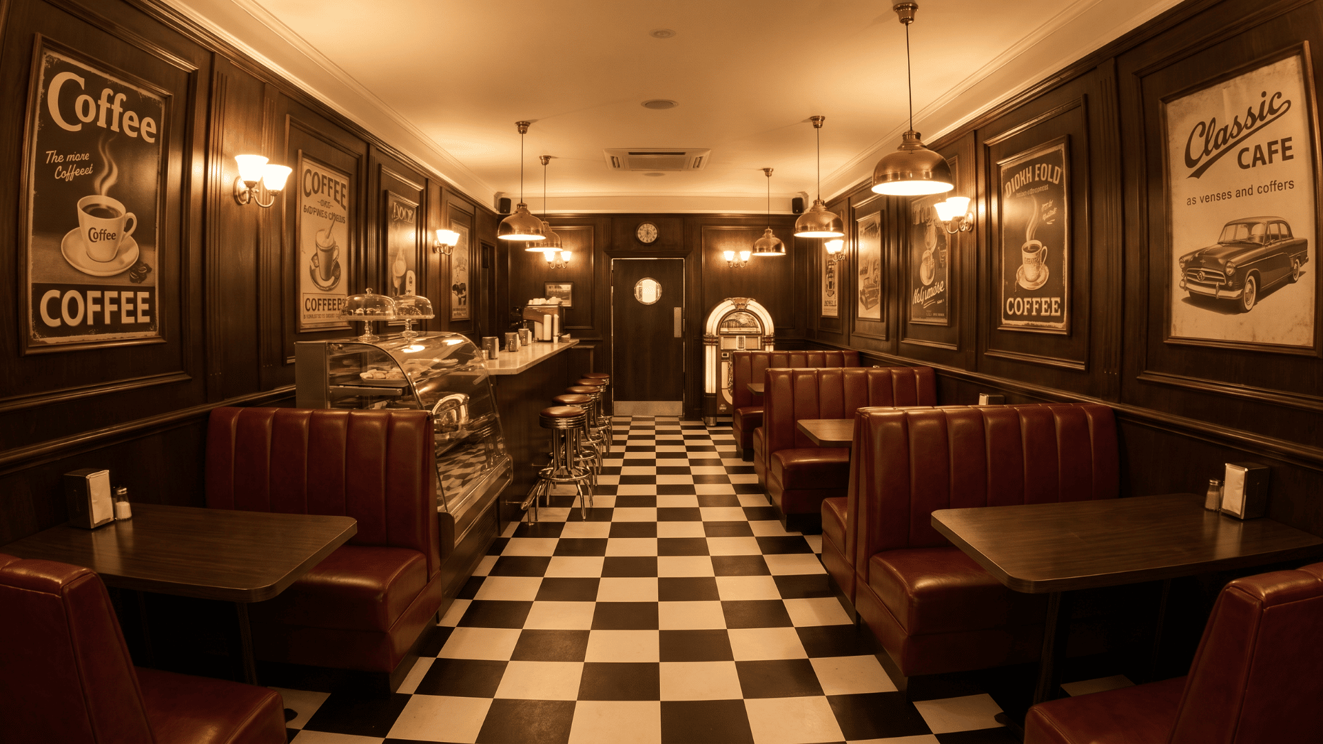 Retro cafe interior with leather booths and checkered flooring