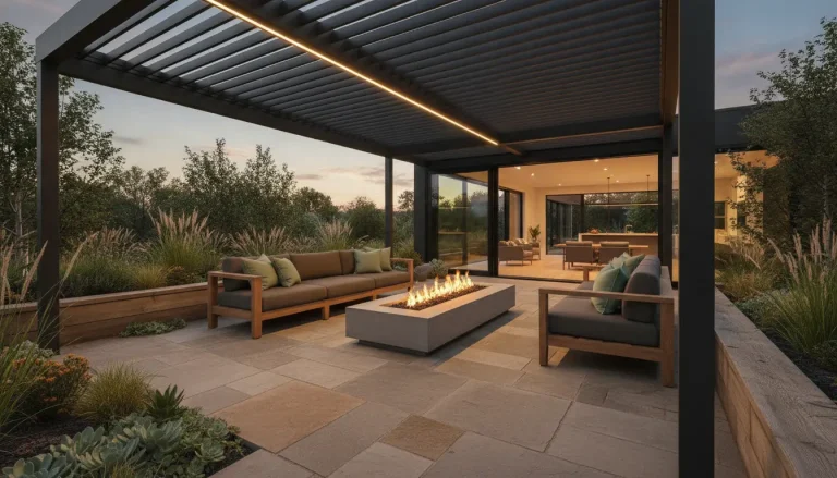 Outdoor patio with modern seating, rectangular fire pit, and pergola, surrounded by lush greenery