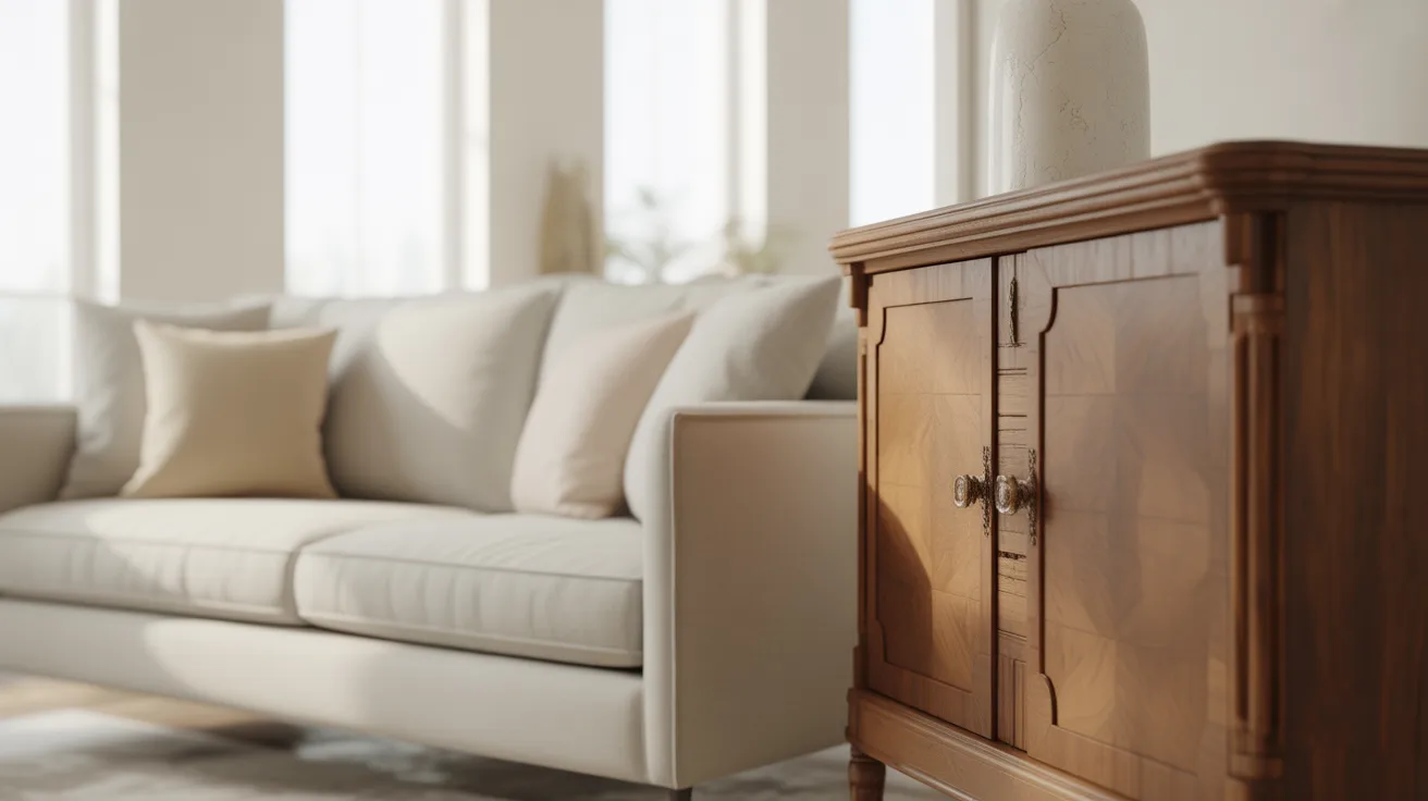 Room combining modern furniture with vintage cabinet and neutral color palette