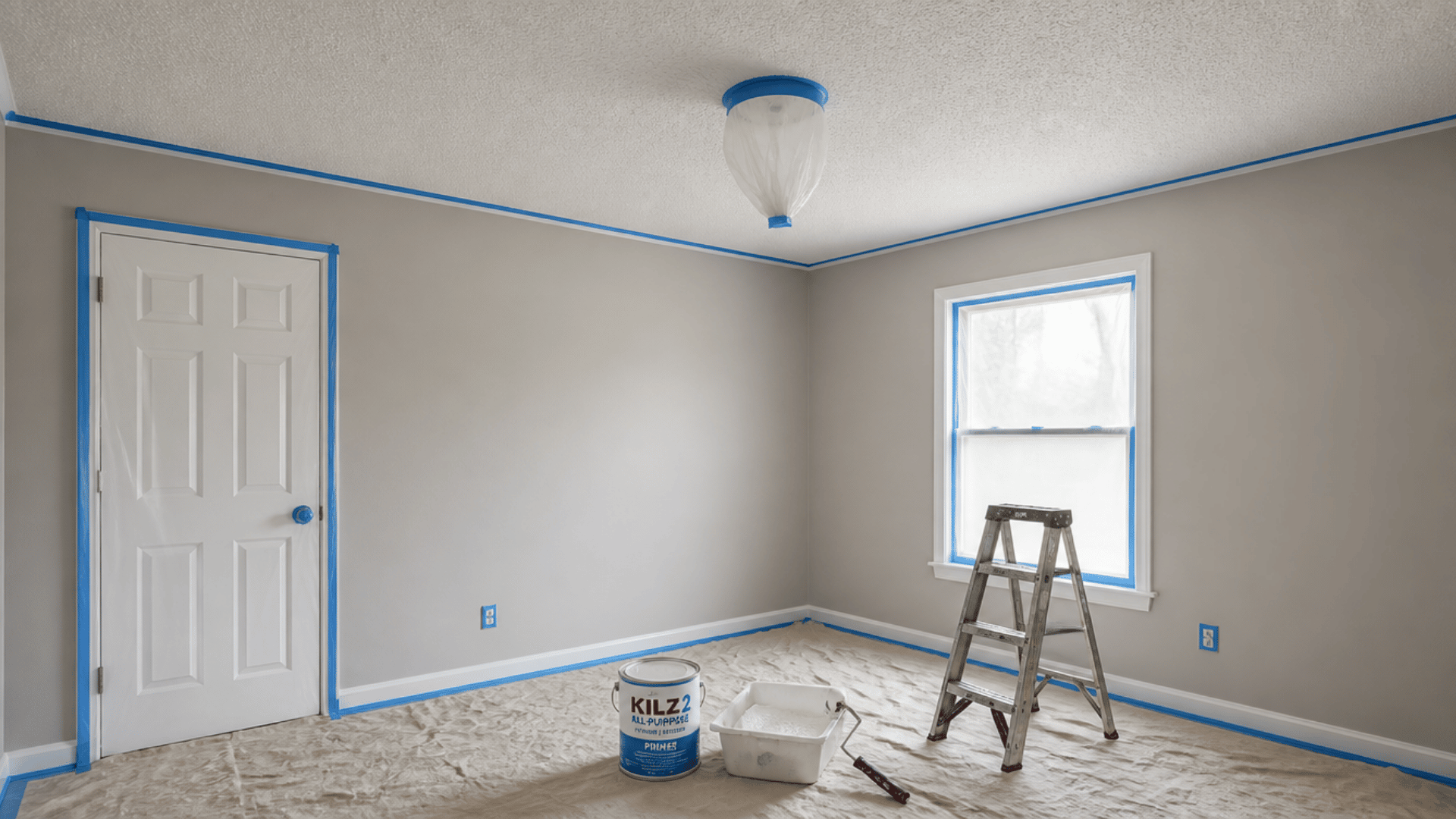 Room covered with drop cloths and painter’s tape before painting a popcorn ceiling.