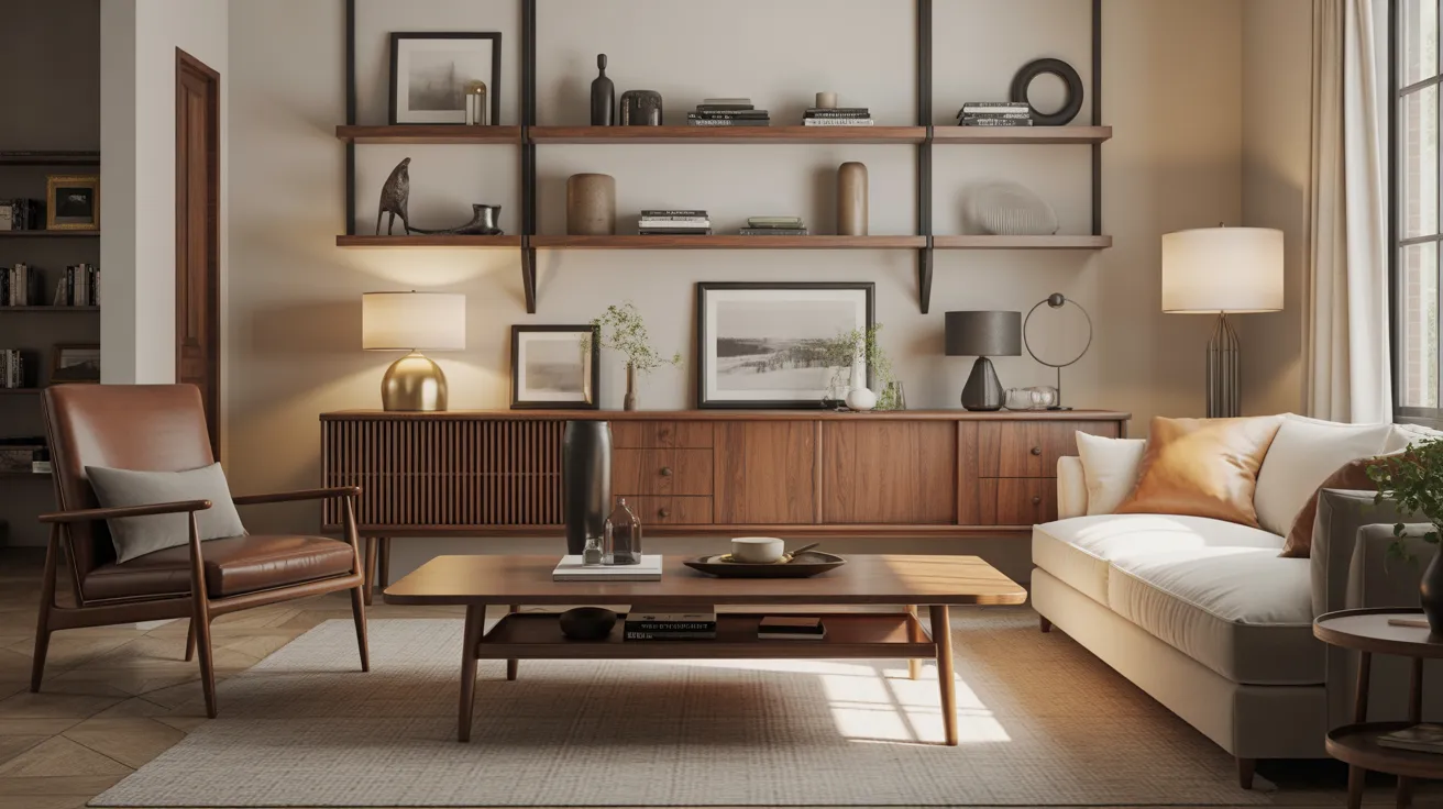 Room with repeated wood tones and metal finishes across different furniture pieces