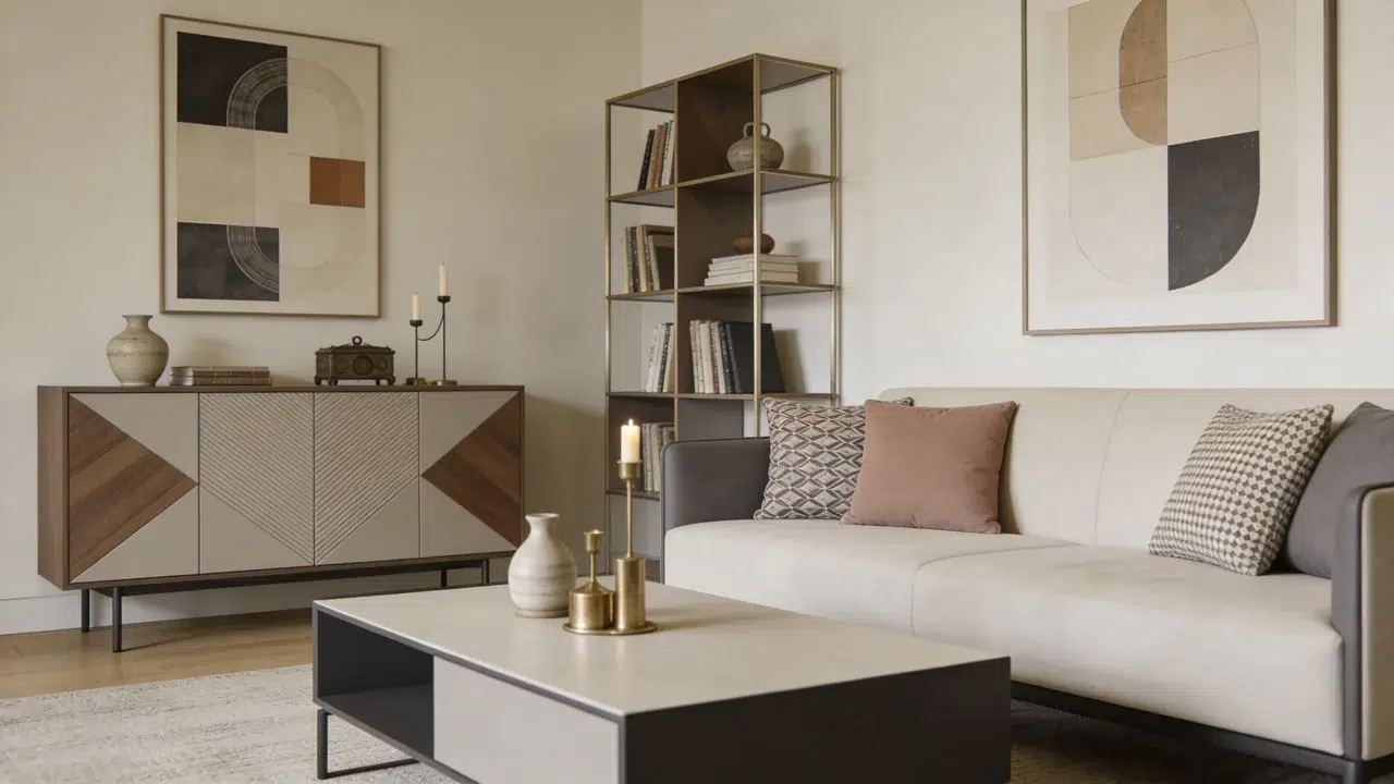 Room with simple furniture and layered decor like art, cushions, and accessories