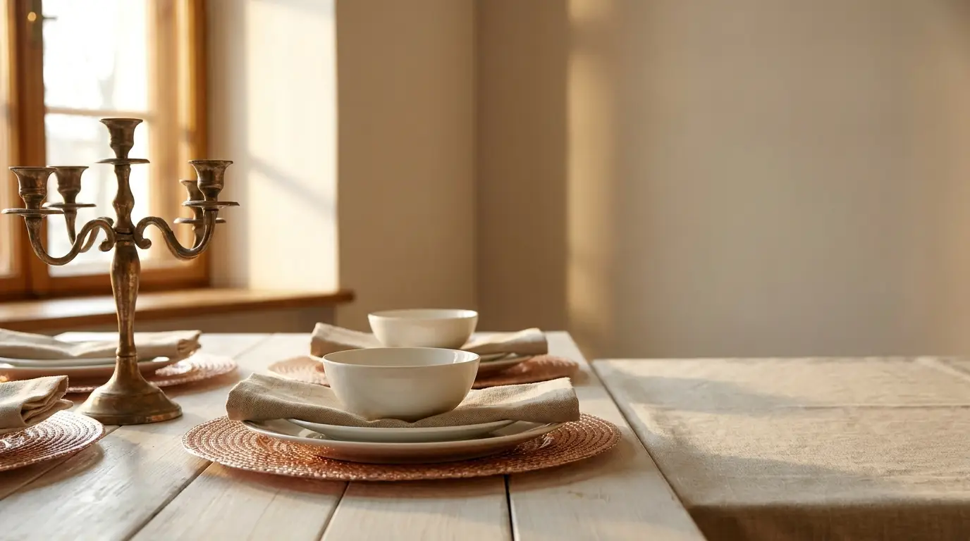 Elegant table setting with white bowls and brass candelabra in sunlit dining room