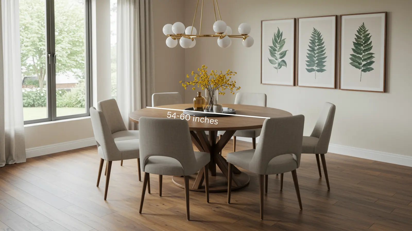 Round 6-seater dining table with equal seating around it in a spacious room