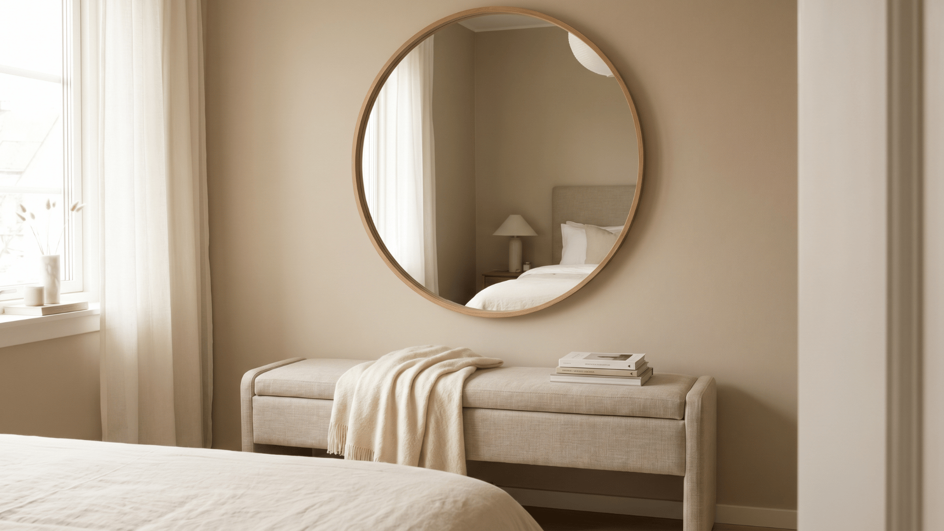 Round mirror above a soft bedroom bench with neutral decor and natural window light.