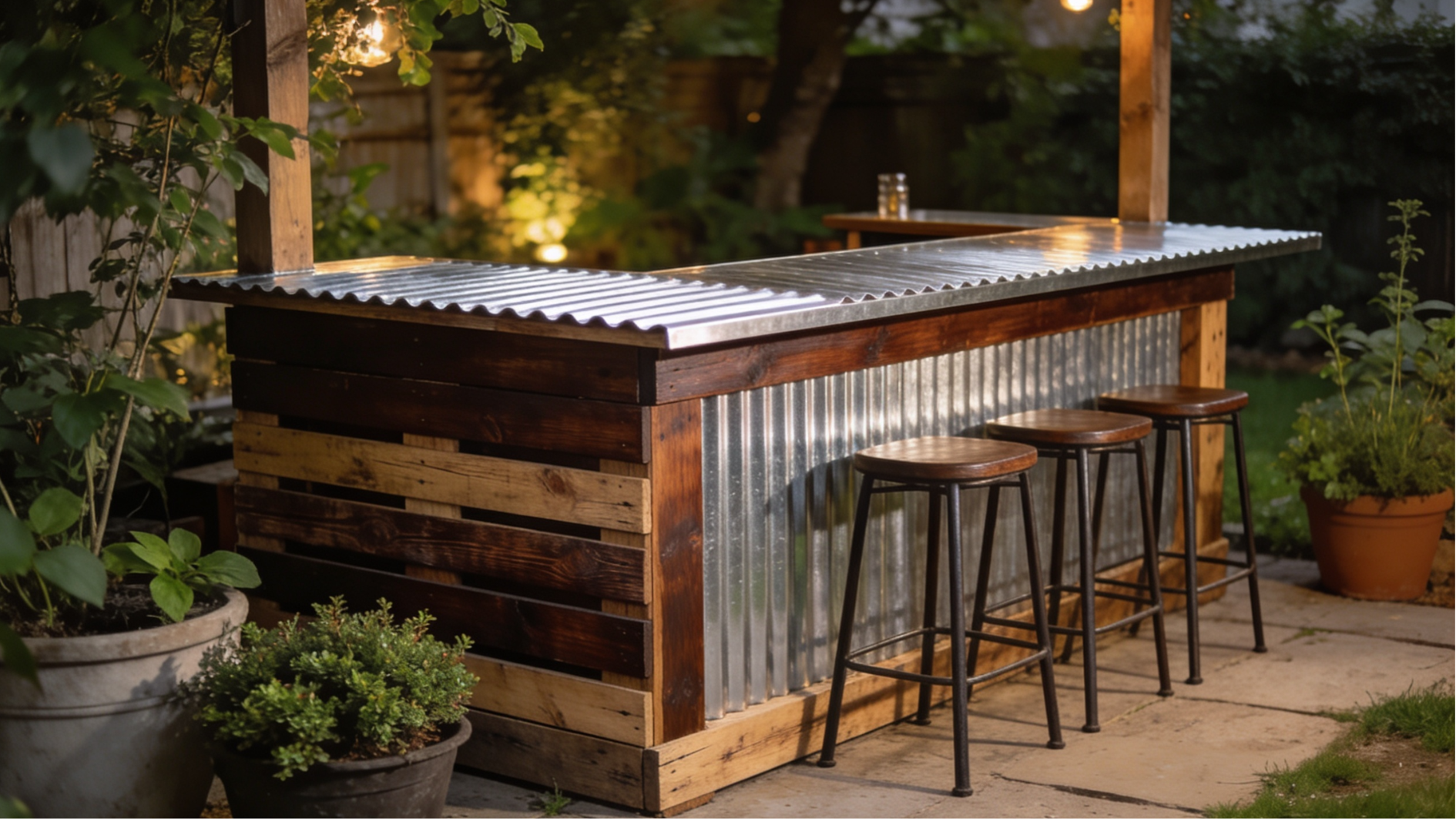 rustic pallet wood outdoor bar and prep counter with corrugated metal top in a garden