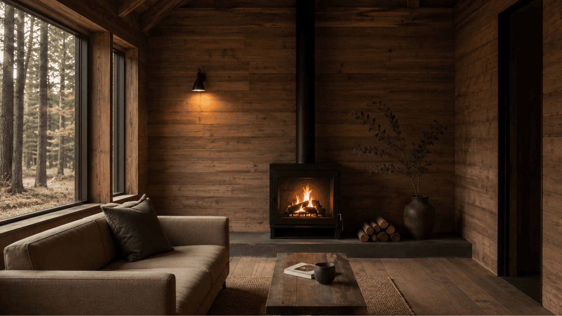 rustic woodland cabin interior with stone fireplace, wood beams, layered rugs, and warm lighting