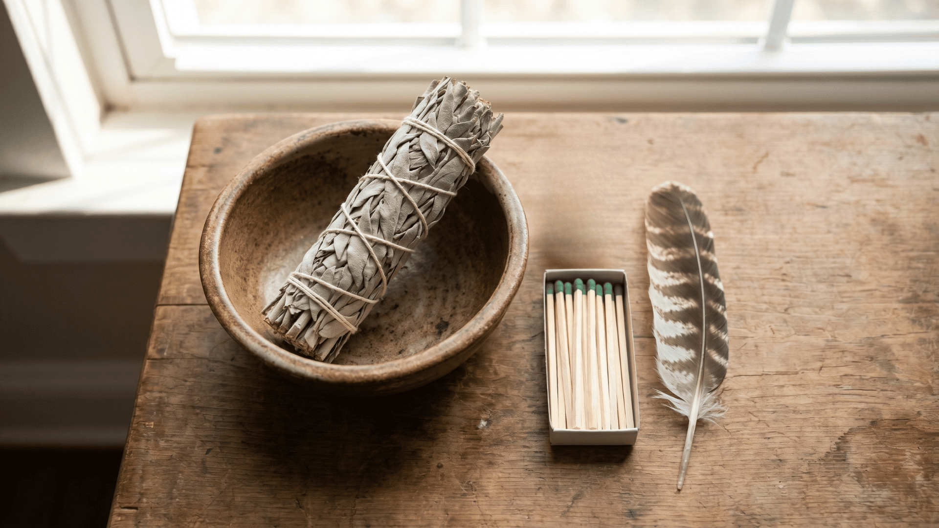 Sage bundle, ceramic bowl, feather, lighter, and matches arranged on a table