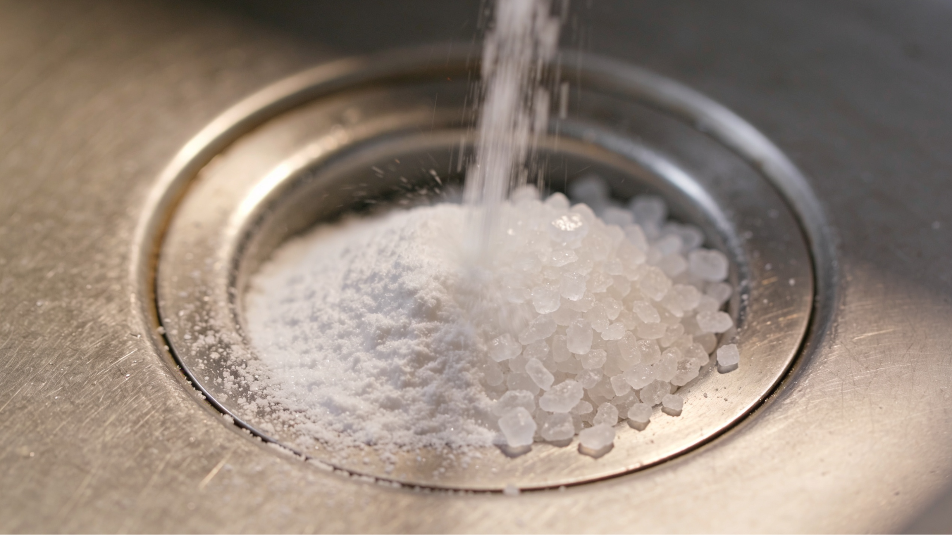 salt and baking soda are poured into a stainless steel kitchen sink drain opening