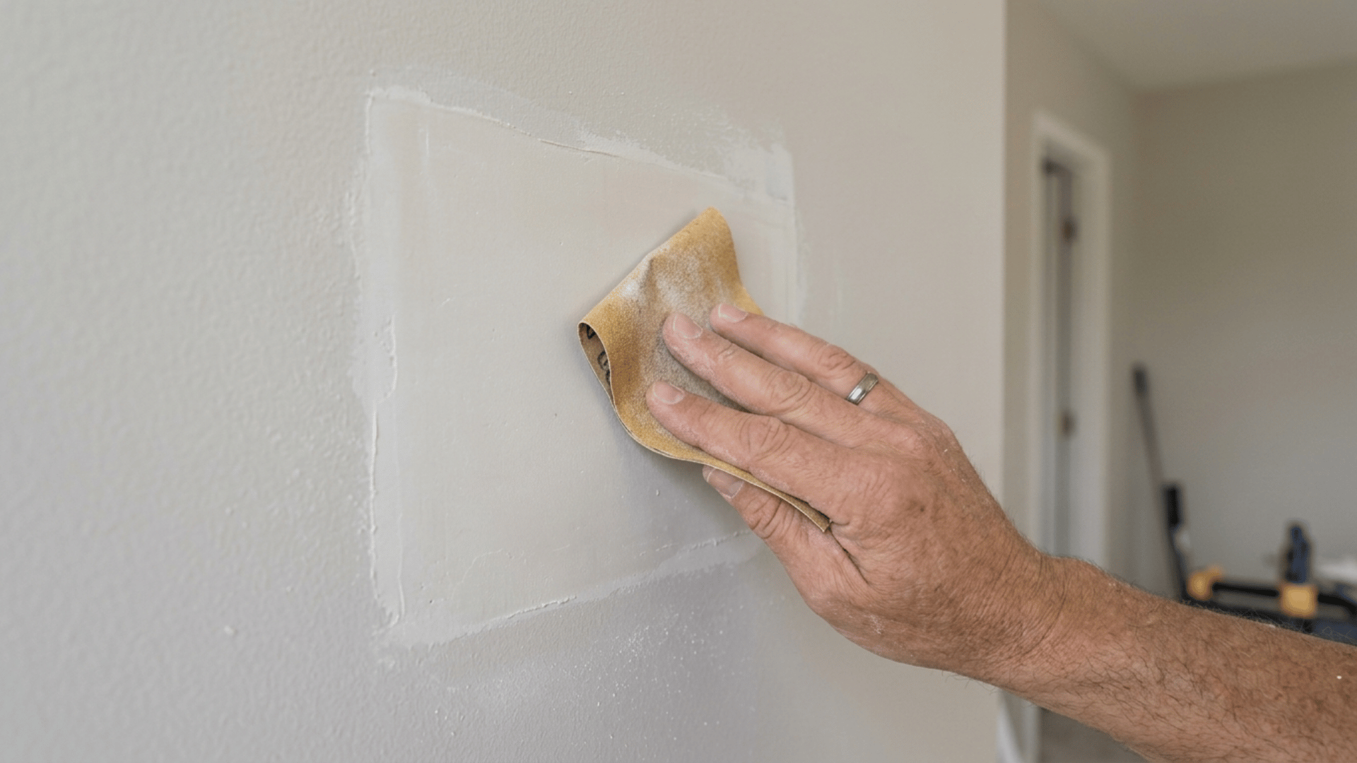 Hand sanding a patched wall area with fine-grit sandpaper, edges blending with surrounding wall
