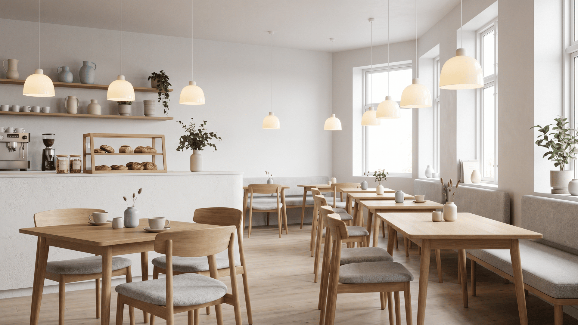 Scandinavian cafe interior with pale wood seating and warm white lighting