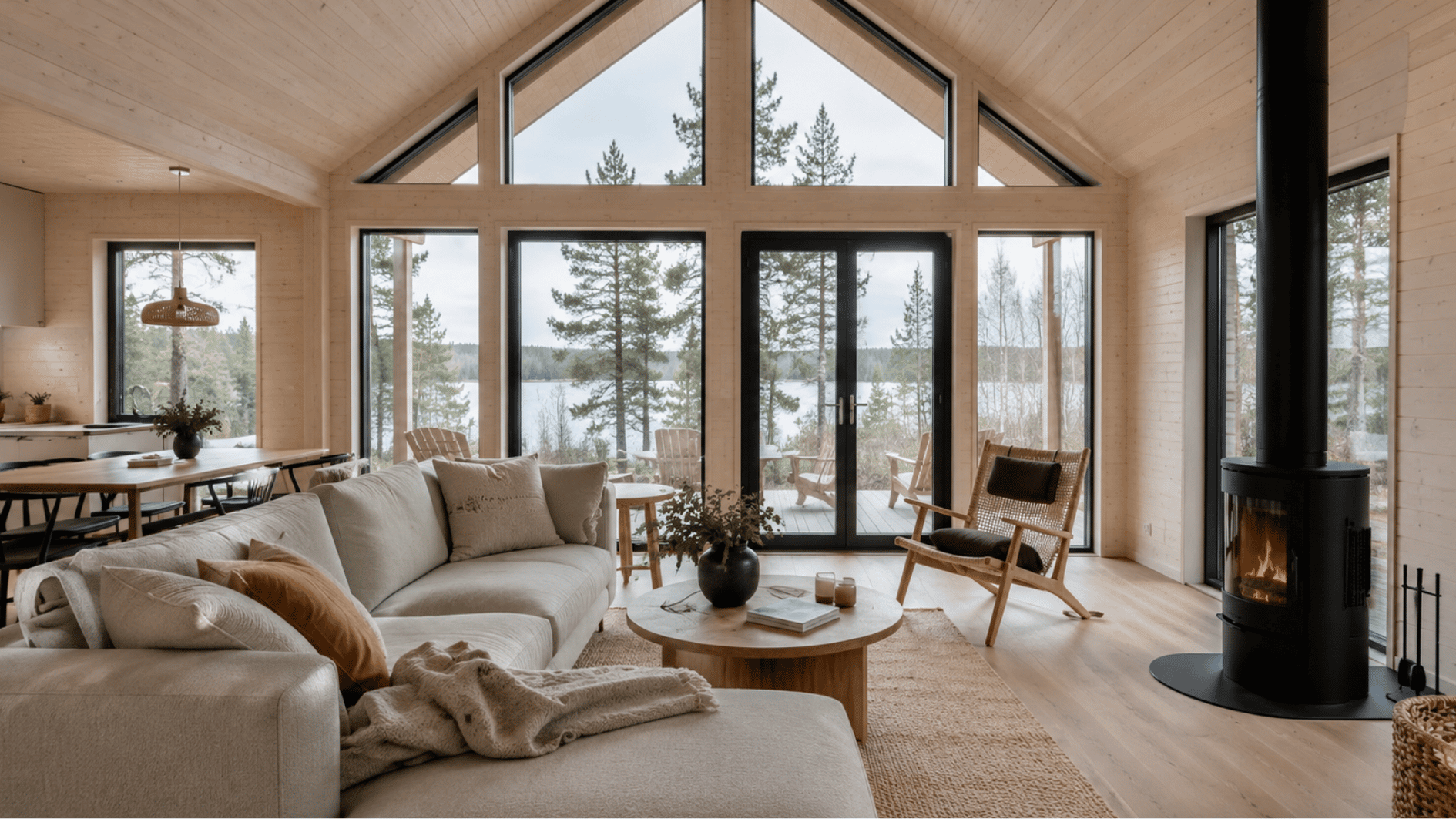 scandinavian Nordic cabin interior with light wood walls, large glass windows, and simple cozy furniture