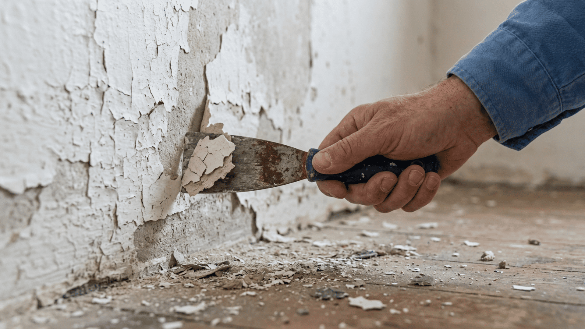 Hand scraping peeling paint from a wall with dust and paint chips on the floor