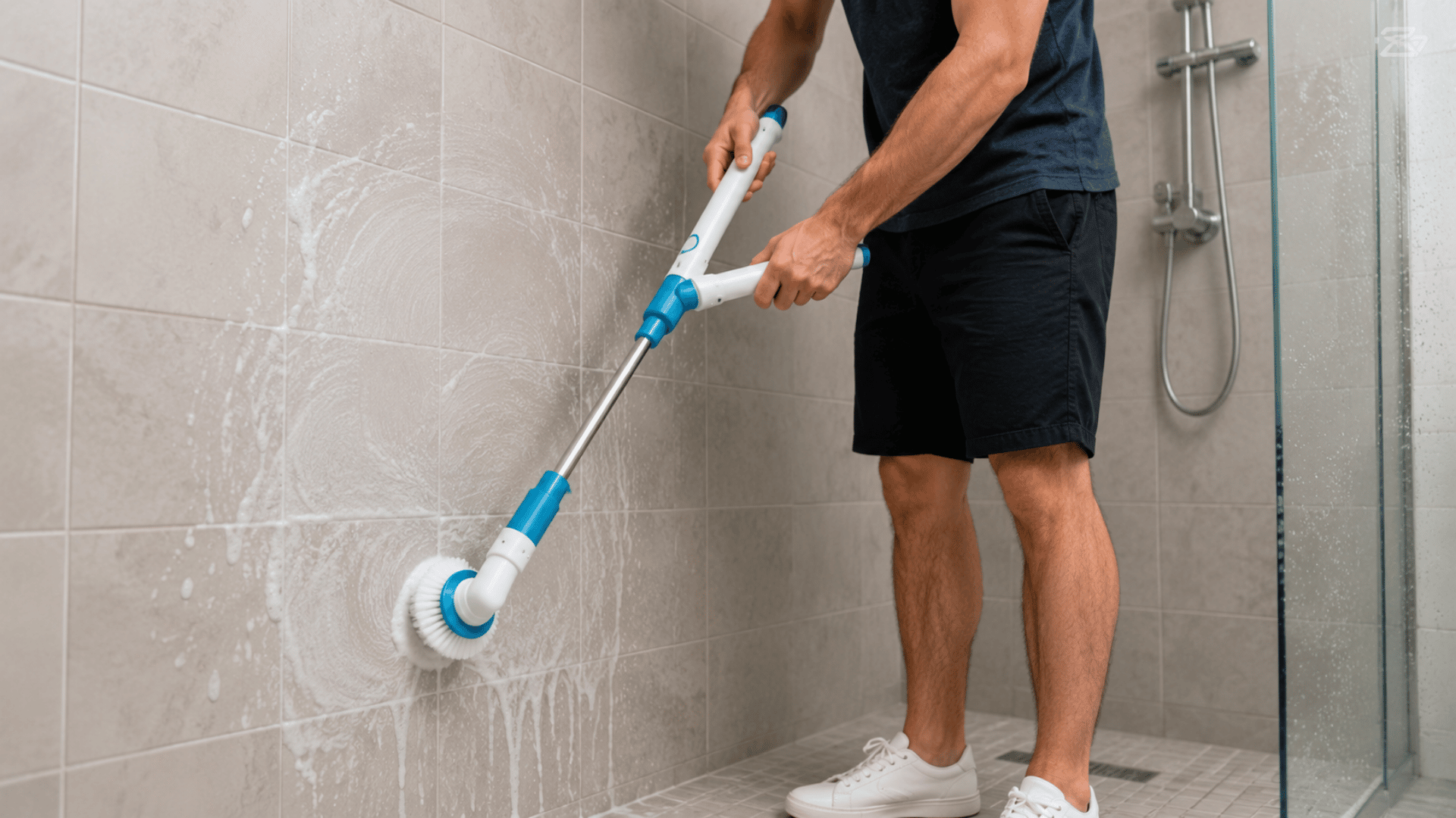 scrubbing the shower with precision