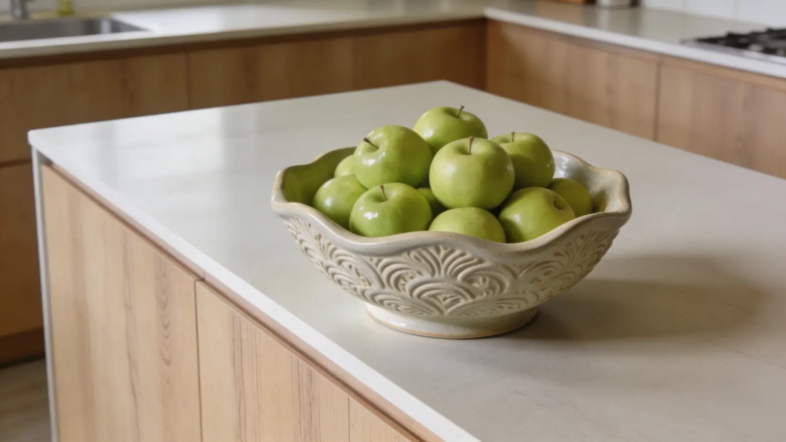 Sculptural ceramic bowl filled with single fruit type placed on kitchen island countertop