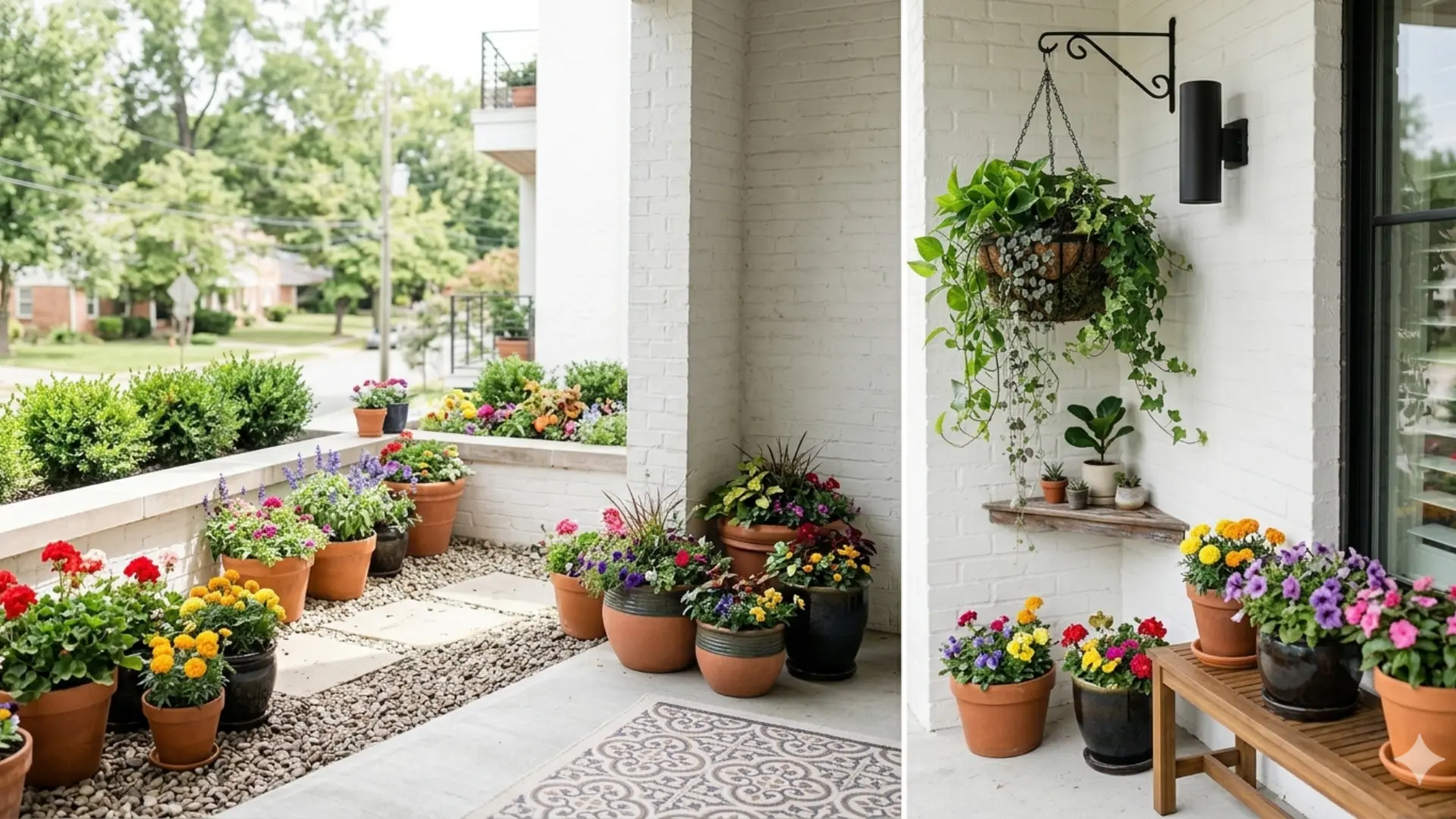 Seasonal flower pots arranged outdoors with changing plants