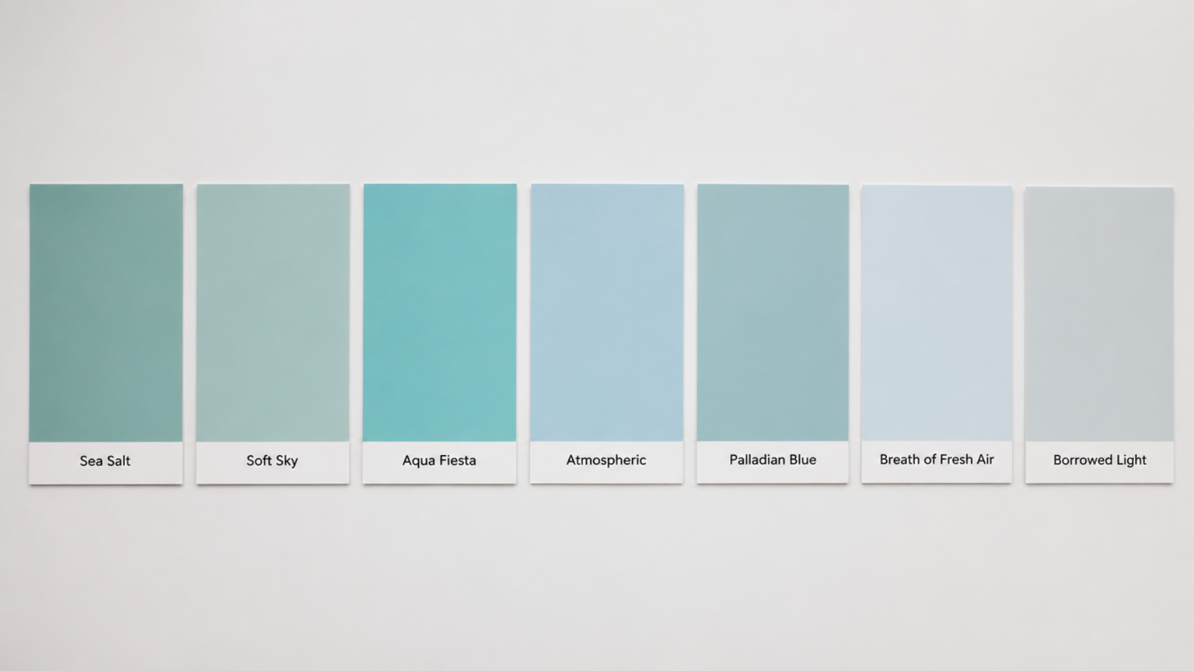 Seven Pantone-style paint cards labeled Sea Salt, Soft Sky, Aqua Fiesta, Atmospheric, Palladian Blue, Breath of Fresh Air, and Borrowed Light showing haint blue shades from warm green-blue to pale gray-blue.