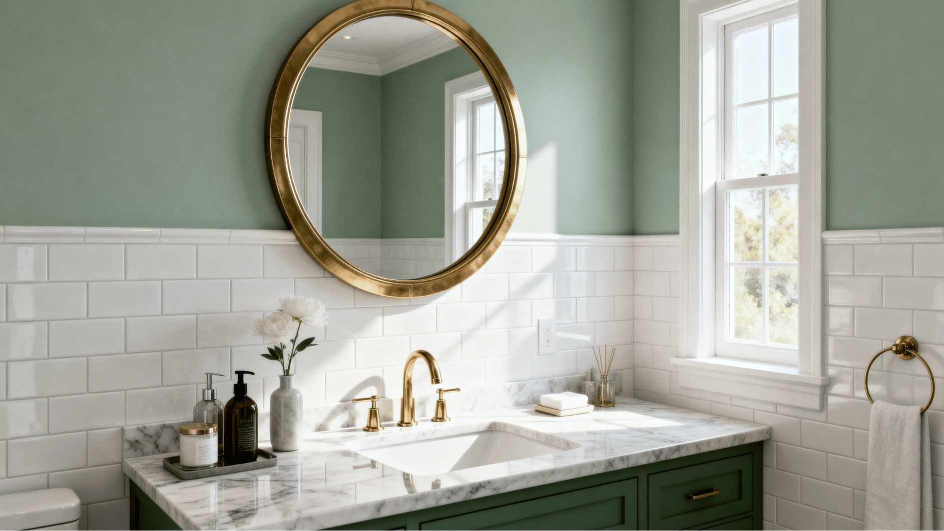 sherwin williams clary sage bathroom with marble vanity, brass fixtures, white tile, and natural light