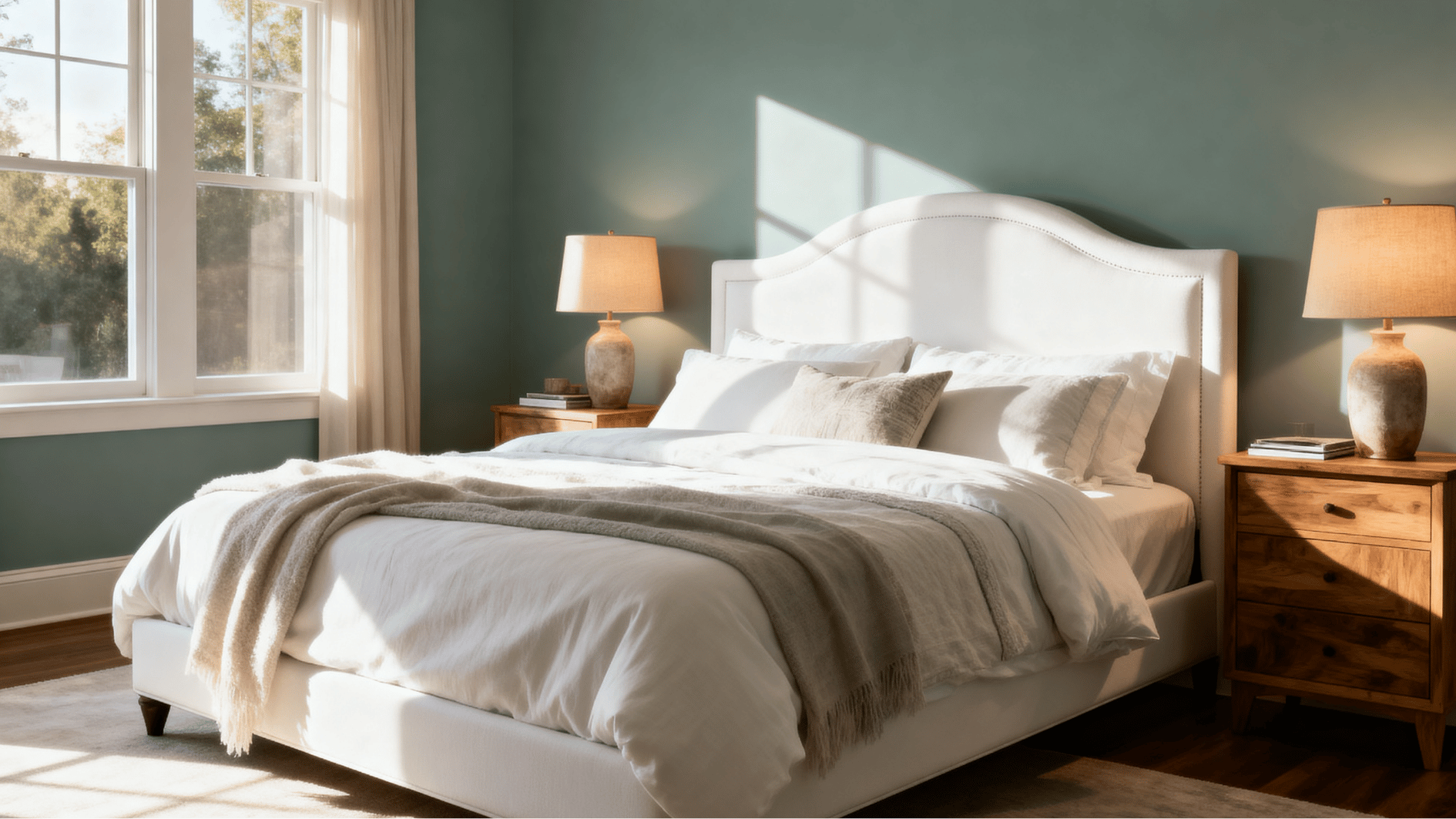 sherwin williams clary sage bedroom featuring white bedding, wood nightstands, and warm natural sunlight