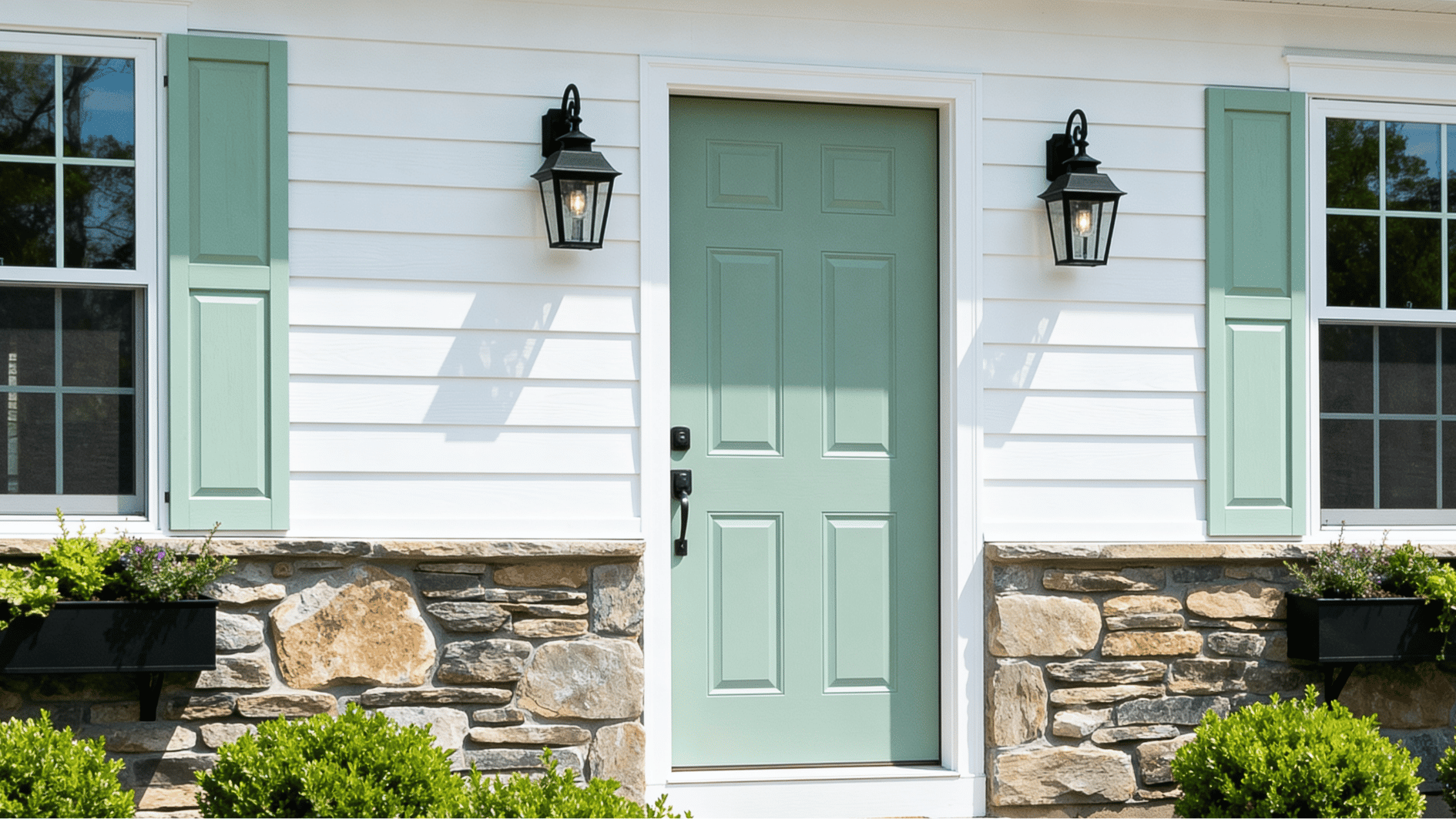 sherwin williams clary sage front door and shutters paired with white siding, stone accents, and landscaped entryway